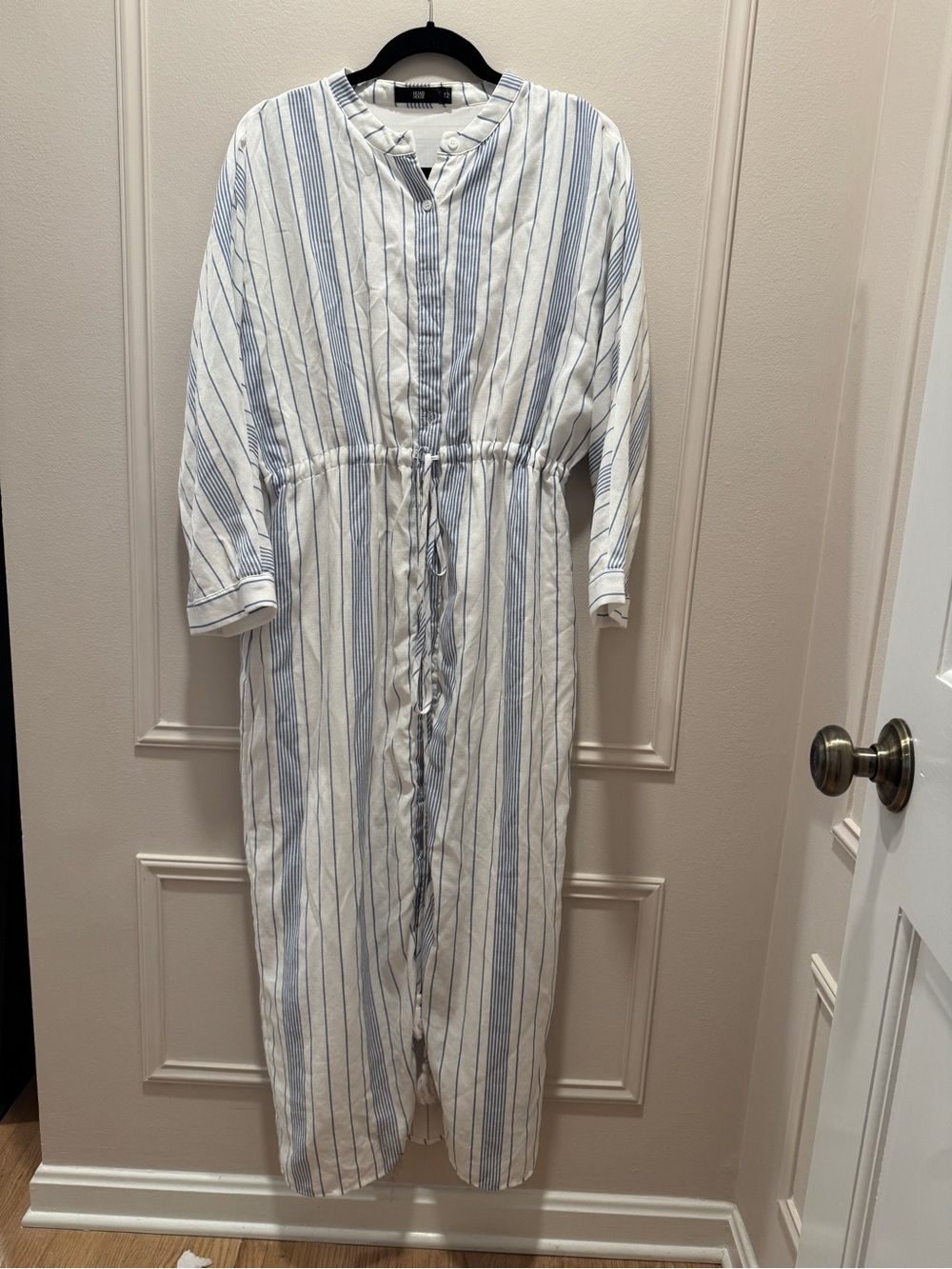 Light Blue & White Striped Maxi Dress with Drawstring Waist